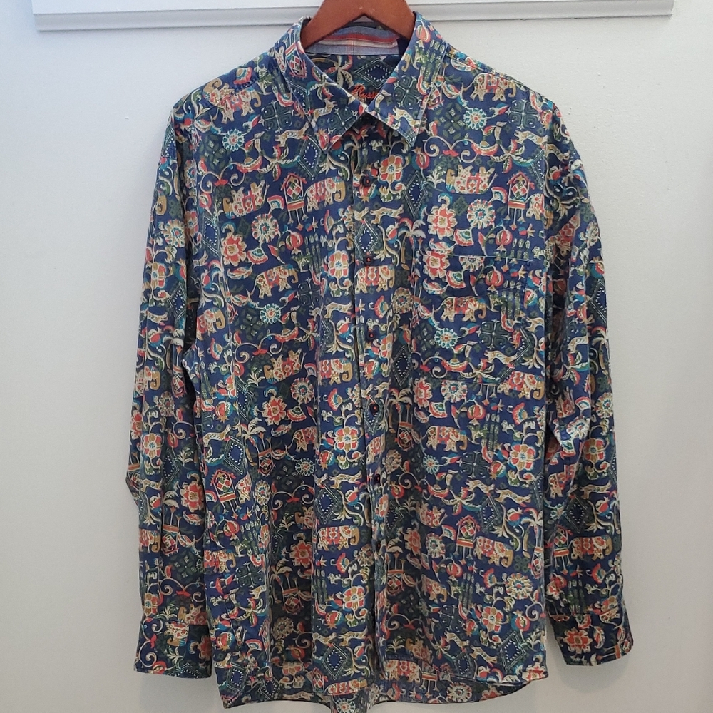 Alan Flusser Elephant Print Button Down Shirt Size XL
